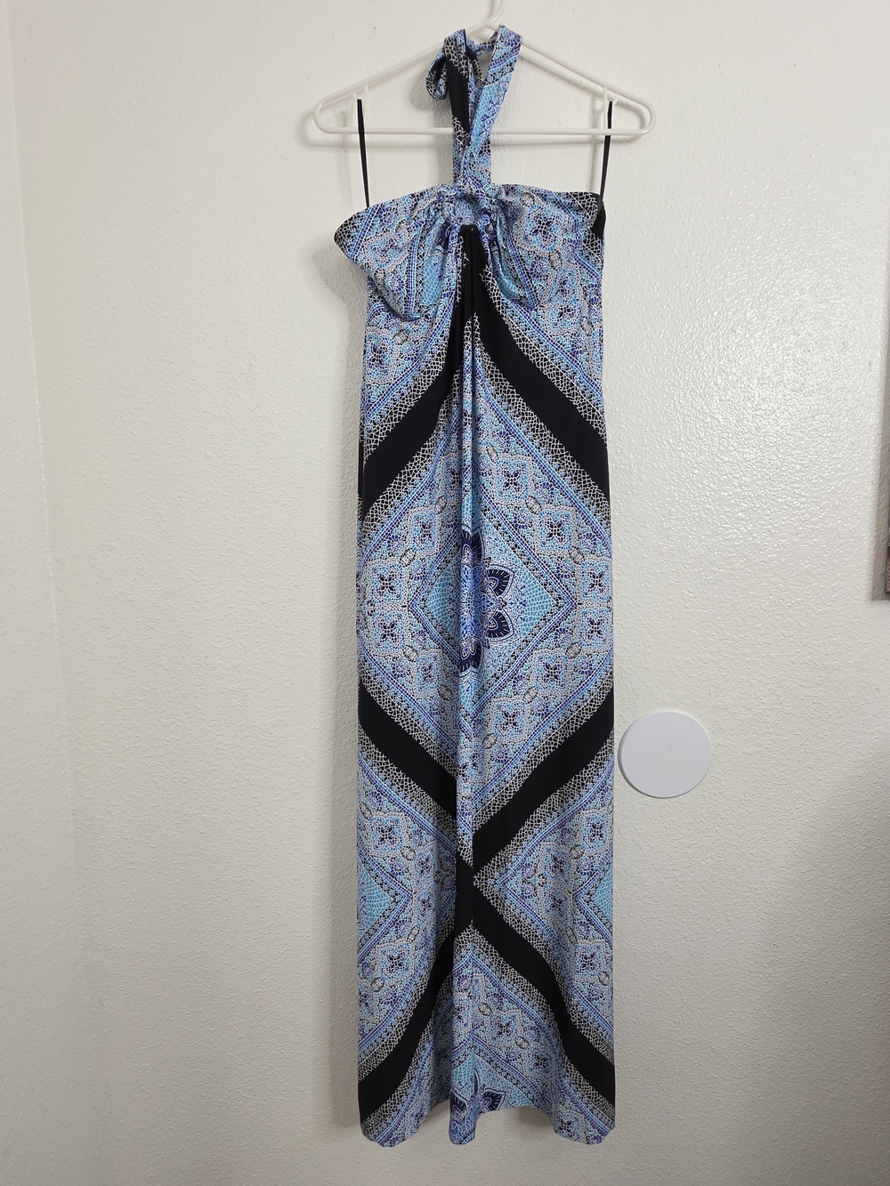 ​EN FOCUS STUDIO Size 8 Halter Maxi Dress Blue Geometric Mosaic Print O-Ring